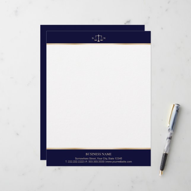 Attorney at Law Navy & Gold Law Office Lawyer  Letterhead (Front/Back In Situ)