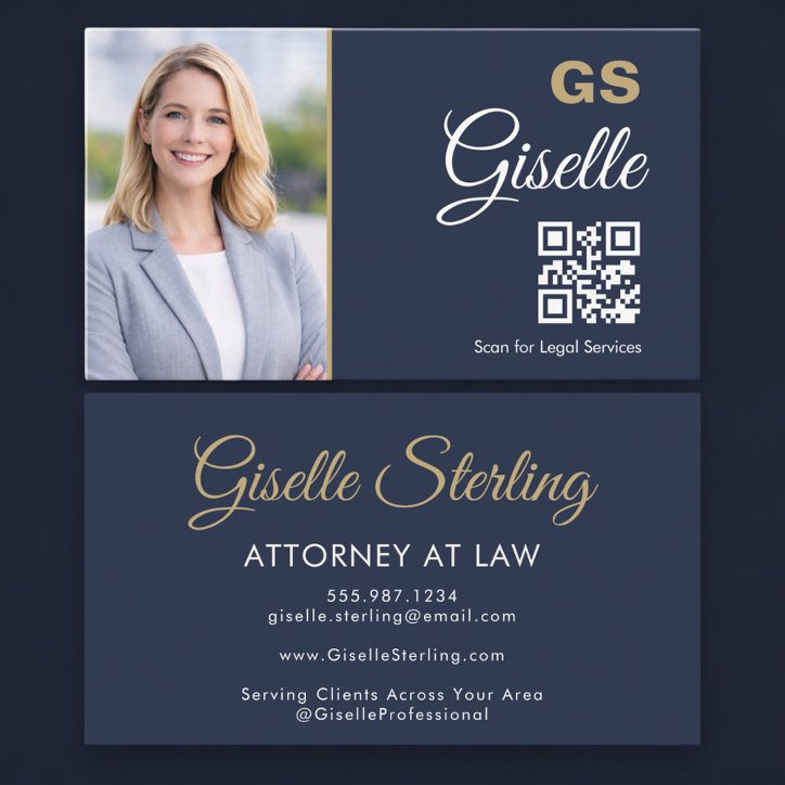 Attorney At Law Photo QR Code Navy Blue Gold Business Card