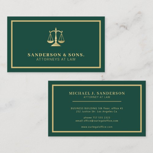 Attorney at law professional elegant gold green business card
