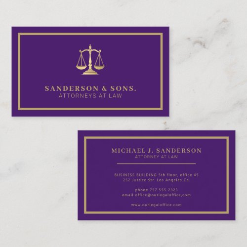 Attorney at law professional elegant gold purple business card