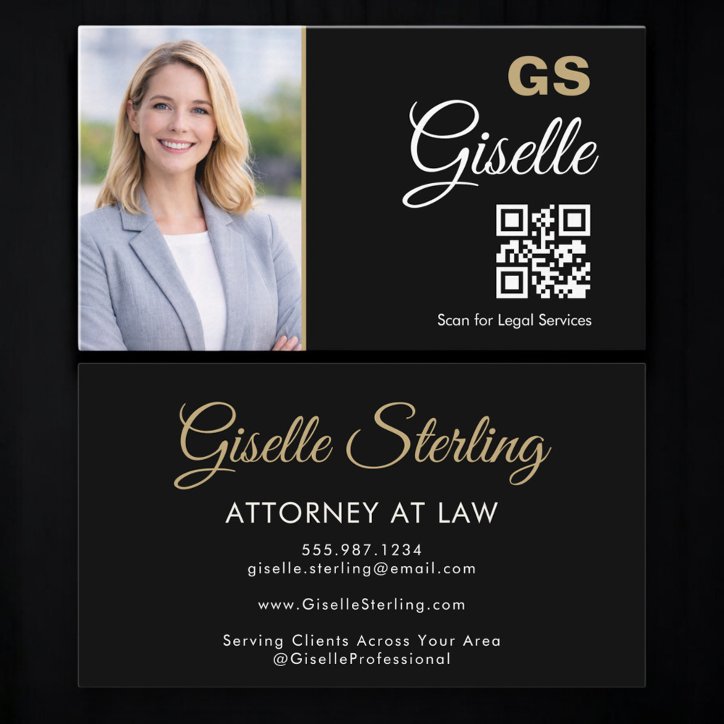 Attorney At Law QR Code Black Gold Photo Business Card