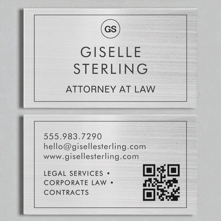 Attorney At Law QR Code Brushed Silver Monogram Business Card