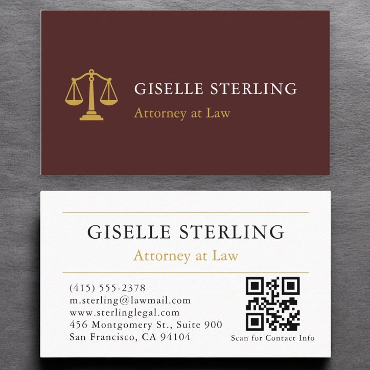 Attorney At Law QR Code Burgundy Gold Professional Business Card