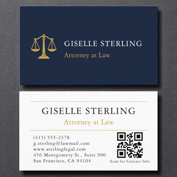 Attorney At Law QR Code Navy Blue Gold Business Card