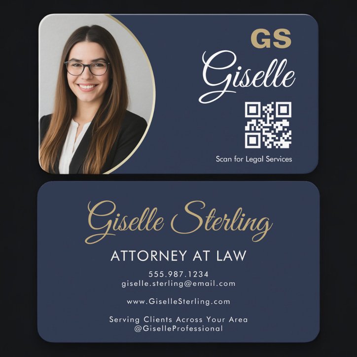 Attorney At Law QR Code Photo Navy Blue Gold Business Card