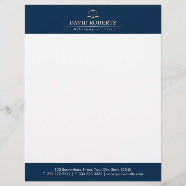 Attorney at Law Royal Blue Gold Scale Lawyer Letterhead (Front)
