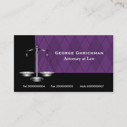 Customizable Attorney at law scale of justice black purple business cards