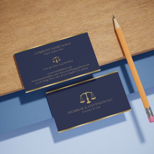 Attorney At Law_Simple Gold Scale  Border On Blue Business Card