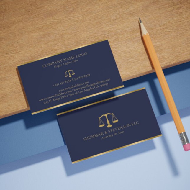 Attorney At Law-Simple Gold Scale & Border On Blue Business Card (Creator Uploaded)