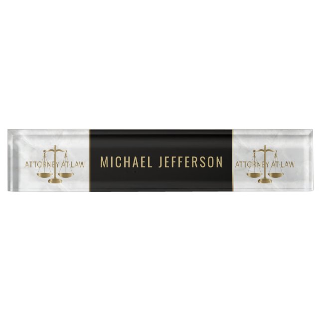 Attorney at Law  - White Marble, Black & Gold Desk Name Plate (Front)
