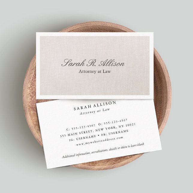 Attorney Faux Linen Elegant Beige Business Card (Creator Uploaded)