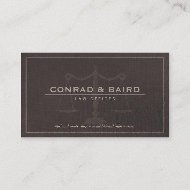  Attorney Justice  Scales Dark Brown Linen Look Business Card (Front)