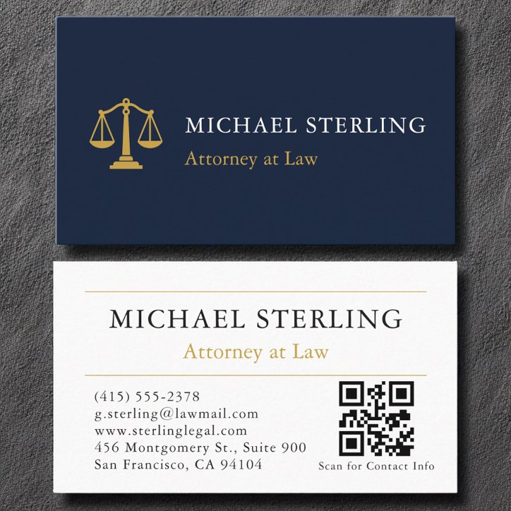 Attorney Law Firm Navy Blue Gold QR Code Business Card