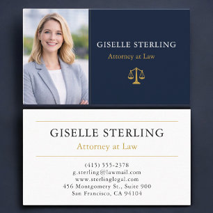 Attorney Law Firm Photo Navy Blue Gold Business Card
