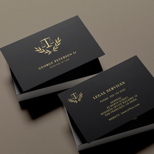 Attorney lawyer gold justice scale classic logo business card