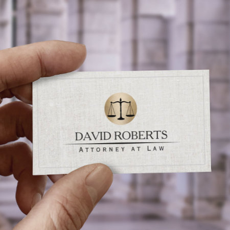Attorney Lawyer Gold Law Scale Logo Elegant Linen Business Card