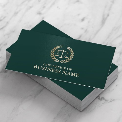 Attorney Lawyer Gold Scale of Justice DarkGreen Business Card