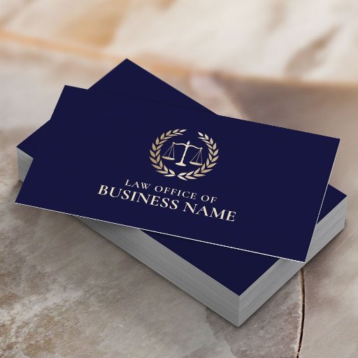Customizable Attorney Lawyer Gold Scale of Justice Elegant Navy Business Card