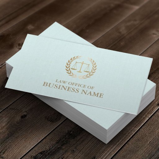 Customizable Attorney Lawyer Gold Scale of Justice Mint Linen Business Card