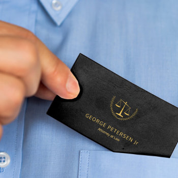 Attorney Luxury Gold Scale Black Leather Look Business Card by uniqueoffice at Zazzle