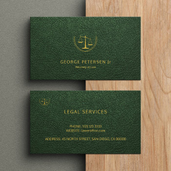 Attorney Luxury Gold Scale Dark Green Leather Look Business Card by uniqueoffice at Zazzle