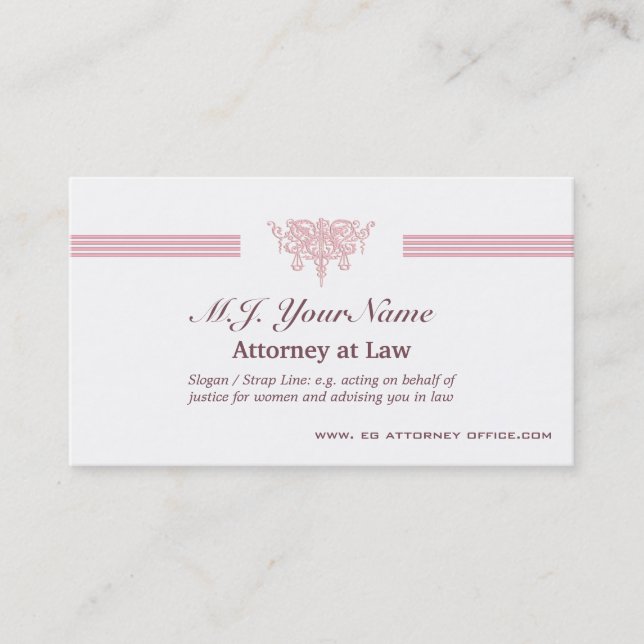 Attorney luxury stripes and pink Justice emblem Business Card (Front)