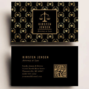 Attorney QR Code Black Gold Bee Laurel Pattern Business Card
