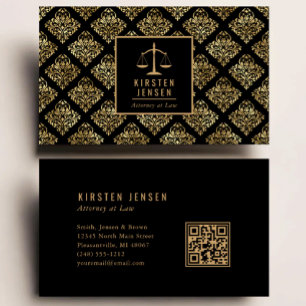 Attorney QR Code Black Gold Damask Pattern Business Card