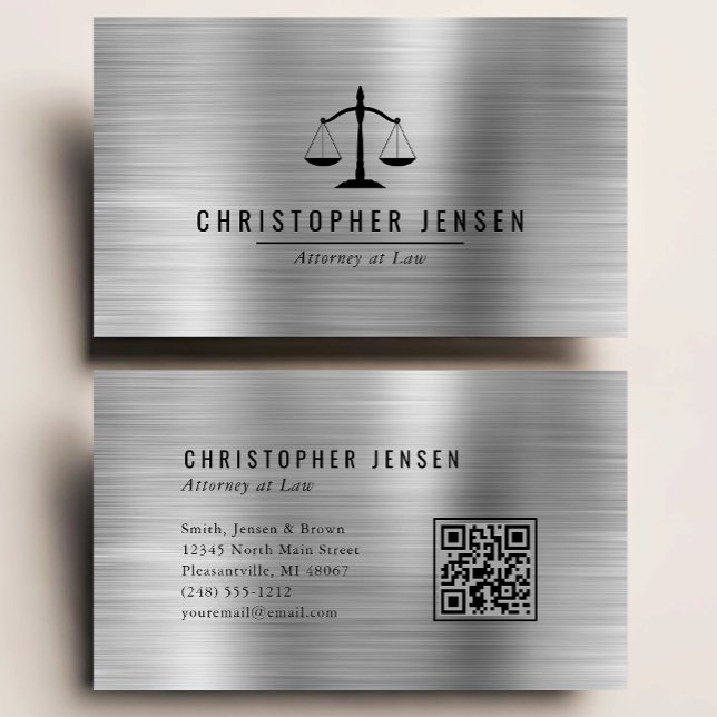 Attorney QR Code Black Scales Silver Brushed Metal Business Card (Creator Uploaded)
