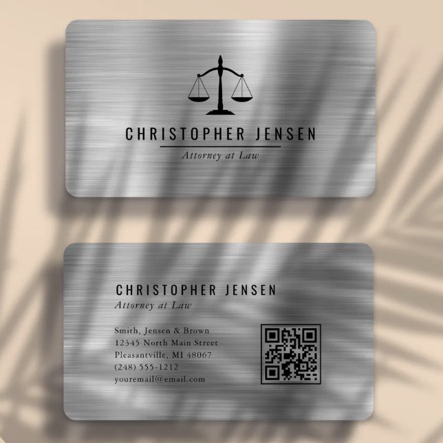 Attorney QR Code Black Scales Silver Rounded Business Card (Creator Uploaded)