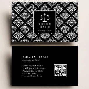 Attorney QR Code Black White Damask Pattern Business Card