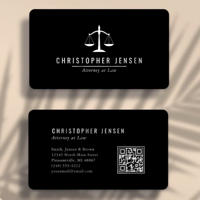 Attorney QR Code Black White Scales Simple Rounded Business Card (Creator Uploaded)