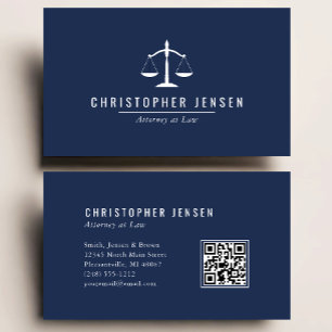 Attorney QR Code Navy Blue White Scales Simple Business Card