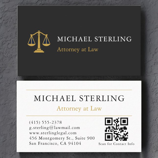 Attorney QR Code Scales of Justice Black Gold Business Card (Creator Uploaded)