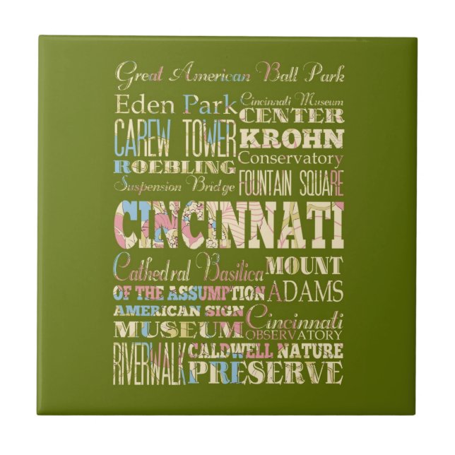 Attractions & Famous Places of Cincinnati, Ohio. Ceramic Tile (Front)