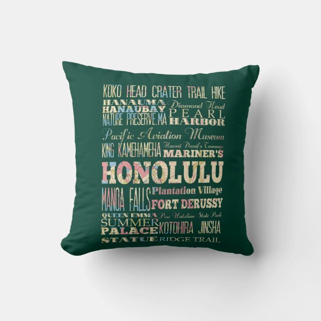 Attractions & Famous Places of Honolulu, Hawaii. Throw Pillow (Front)