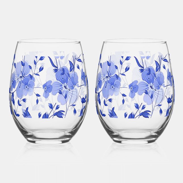 Attractive Blue Floral Stemless Wine Glass Set (Front)