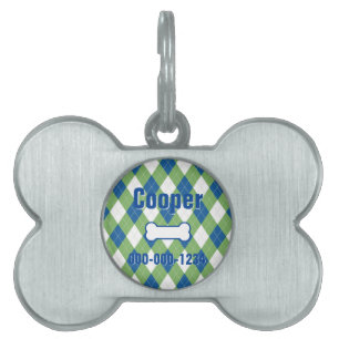 Attractive Blue Green Argyle Framed Pet ID Tag