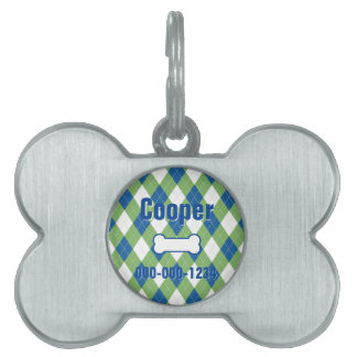 Attractive Blue Green Argyle Framed Pet ID Tag