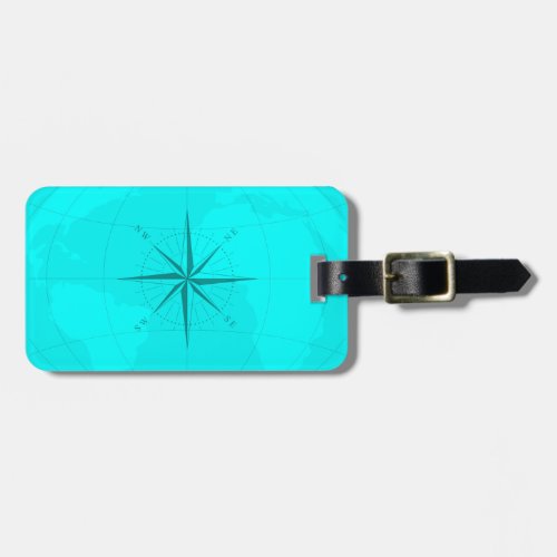 Attractive Bright Teal World Map with Compass Rose Luggage Tag