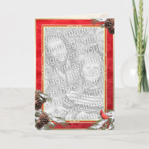 Attractive Cardinal and Pine Cones on a Red Satin Holiday Card