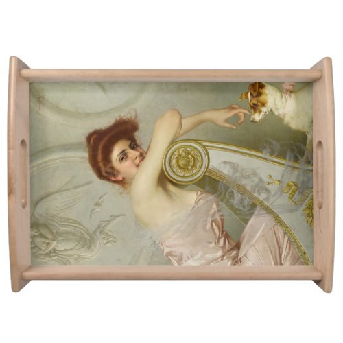 Attractive Elegant Lady Stroking Her Puppy Dog Serving Tray