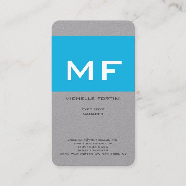 Attractive Monogram Blue White Premium Grey Business Card (Front)