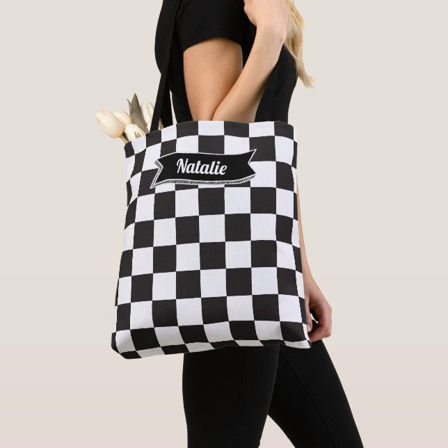 Attractive monogram Checkered Black and white Cool Tote Bag (Close Up)
