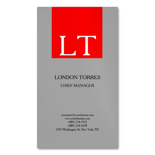 Attractive Monogram Grey Red White Plain Business Card Magnet (Front Vertical)