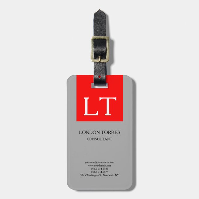 Attractive Monogram Grey Red White Plain Luggage Tag (Front Vertical)