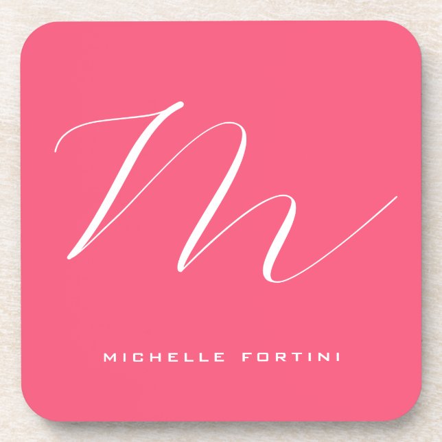 Attractive Monogram Pink White Modern Plain Beverage Coaster (Front)