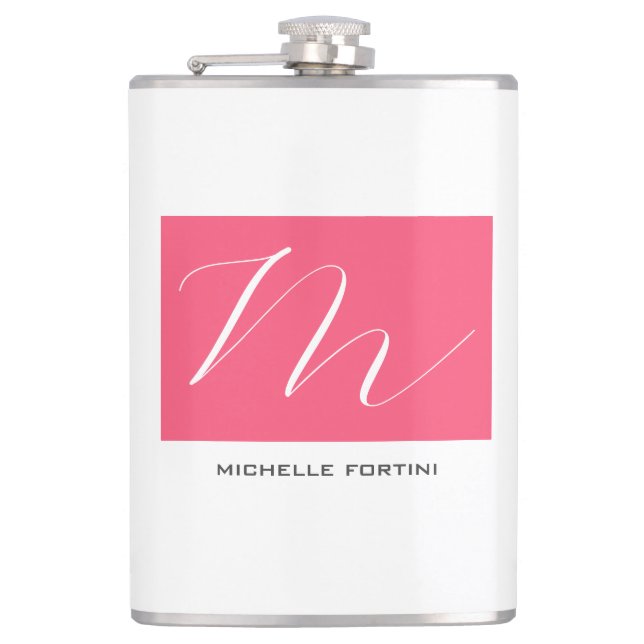 Attractive Monogram Pink White Modern Plain Flask (Front)