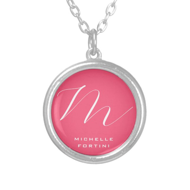Attractive Monogram Pink White Modern Plain Silver Plated Necklace (Front)