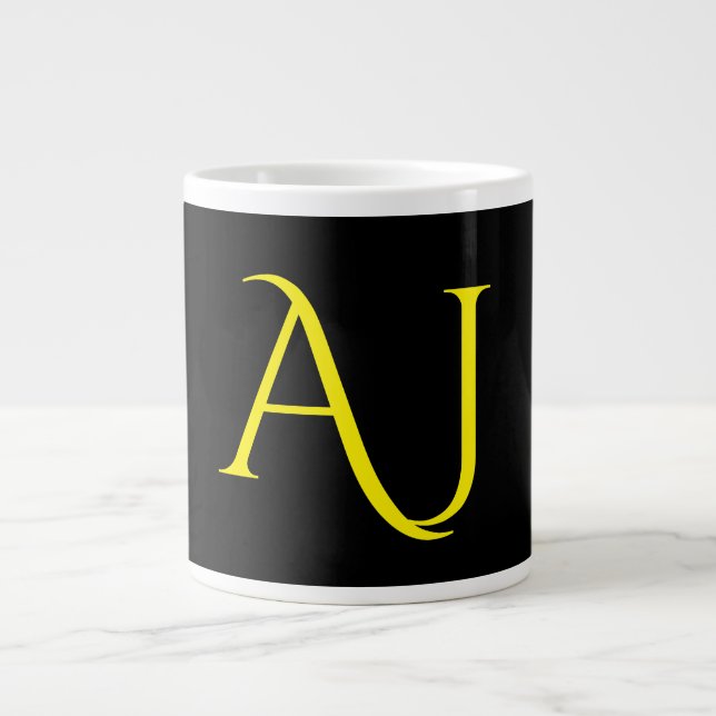 Attractive Monogram Yellow Black Modern Minimalist Giant Coffee Mug (Front)